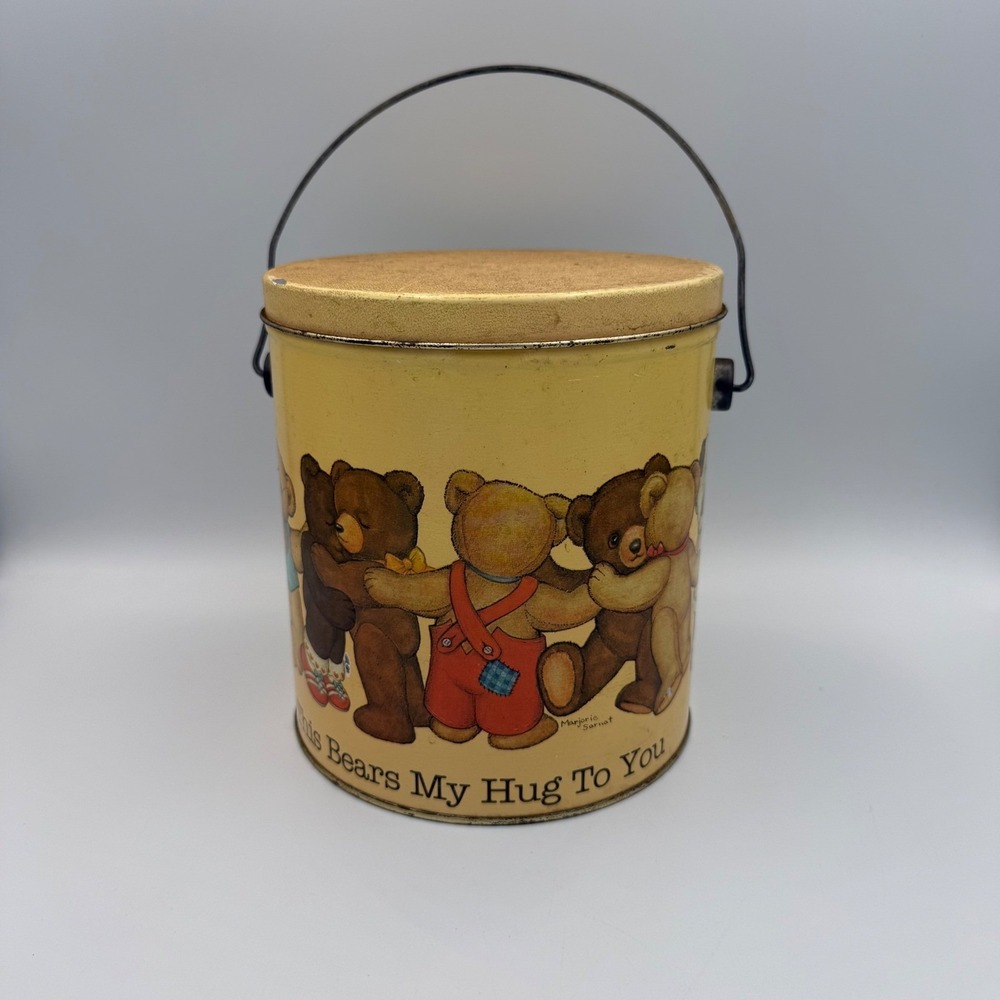 Vintage 1984 Marjorie Sarnat Teddy Bear Tin Bucket This Bears My Hug To You 6in